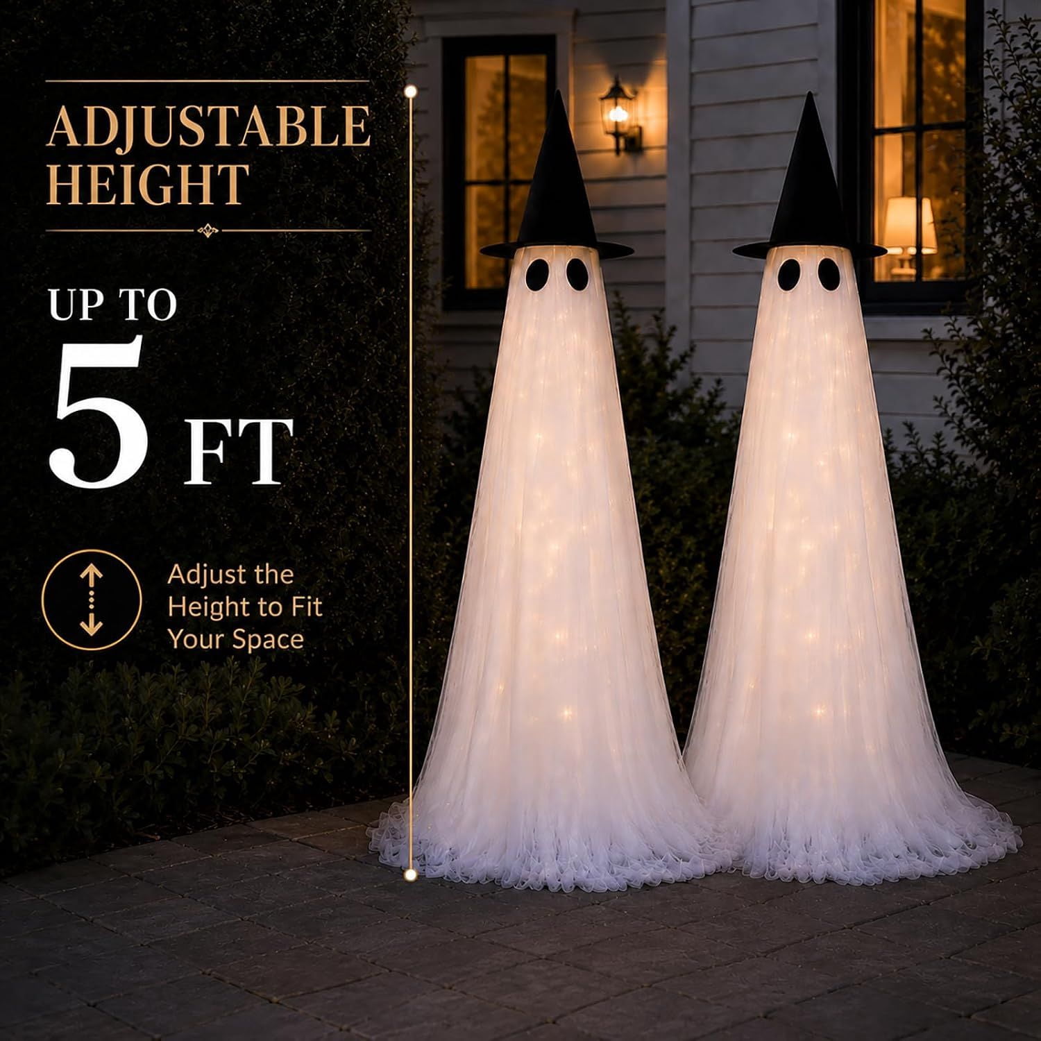 Lighted Halloween Ghost Decorations, 2 Pack, 5 ft Tall, 8 Lighting Modes with Timer, Battery or USB Powered, Porch and Lawn Outdoor Holiday Decor