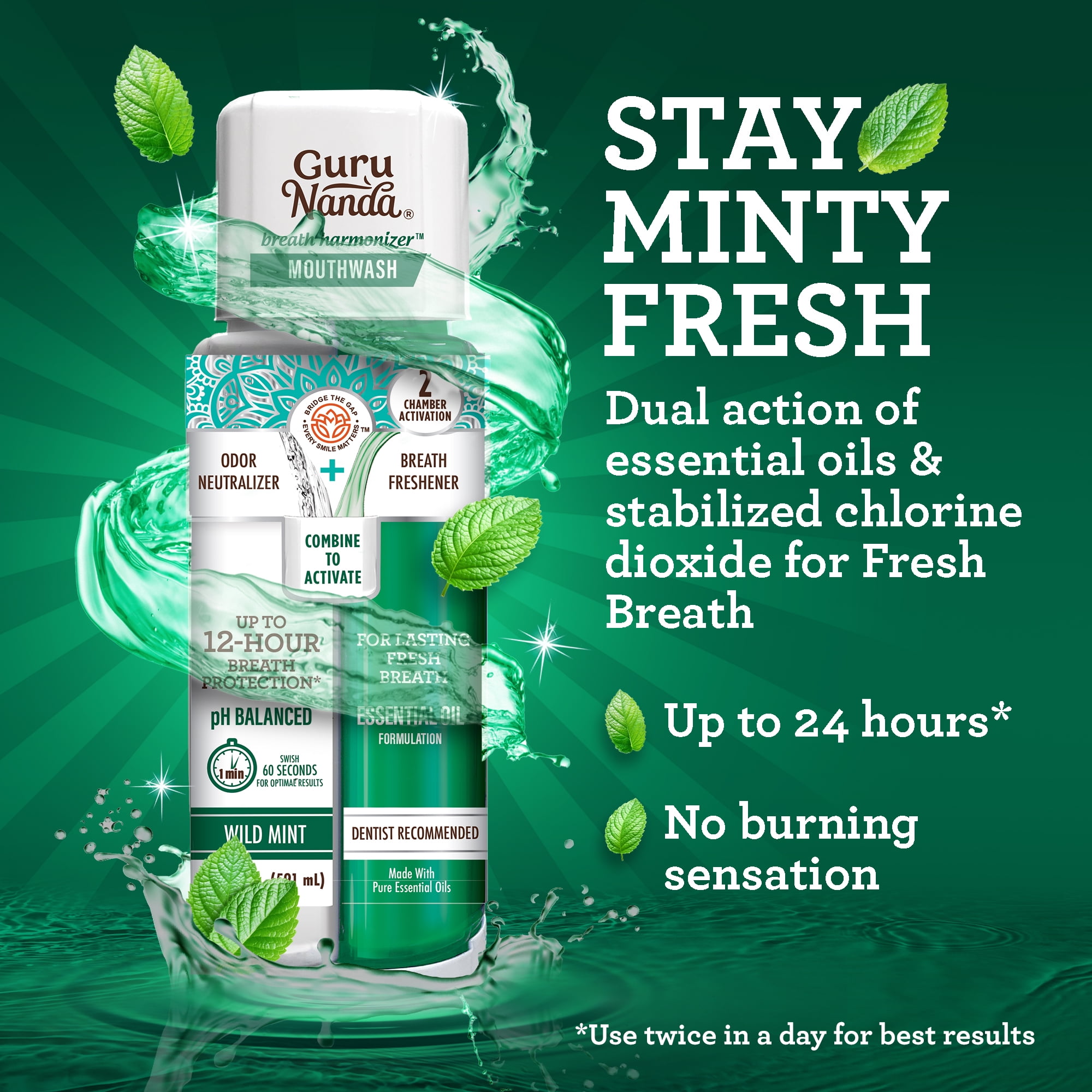 GuruNanda Dual Barrel Breath Harmonizer Mouthwash - Fresh Breath - Alcohol & Fluoride Free -  20 fl oz