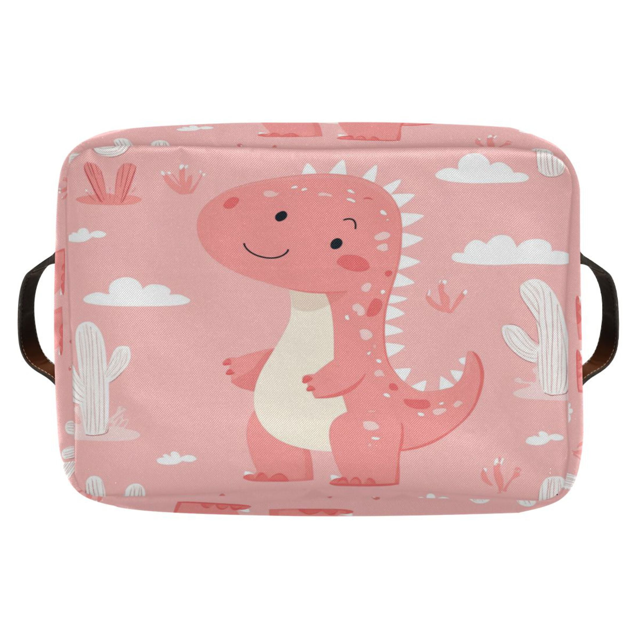 Cute Pink Dinosaur Pattern Foldable Storage Basket,Canvas Fabric Foldable Storage Bins with Handles Open Home Storage Bins Boxes for Toy Book Shelf Closet Baskets