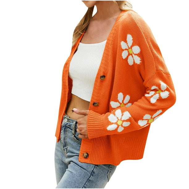 jsaierl Cardigan Sweaters for Women Long Sleeve Daisy Printed Button
