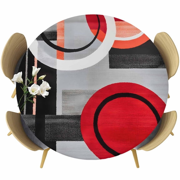 Red Gray Black Round Fitted Table Cover Abstract Round Modern Art Waterproof Table Cloth with Elastic Edge Wipeable Tablecloth for Picnic Camping Party Fits 45"-54" Diameter