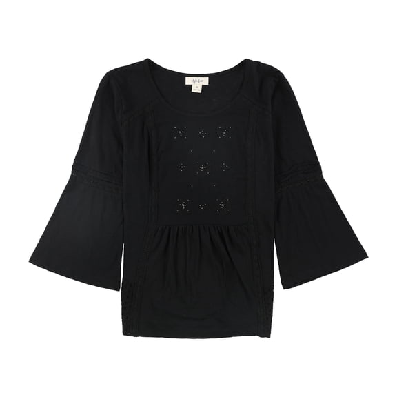 Style & Co. Womens Eyelet-Trim Pullover Blouse, Black, X-Small