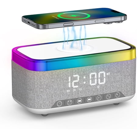 Klamerit Alarm Clock with Wireless Charging, Alarm Clocks for Bedrooms, Bluetooth Alarm Clock, RGB Night Light, White