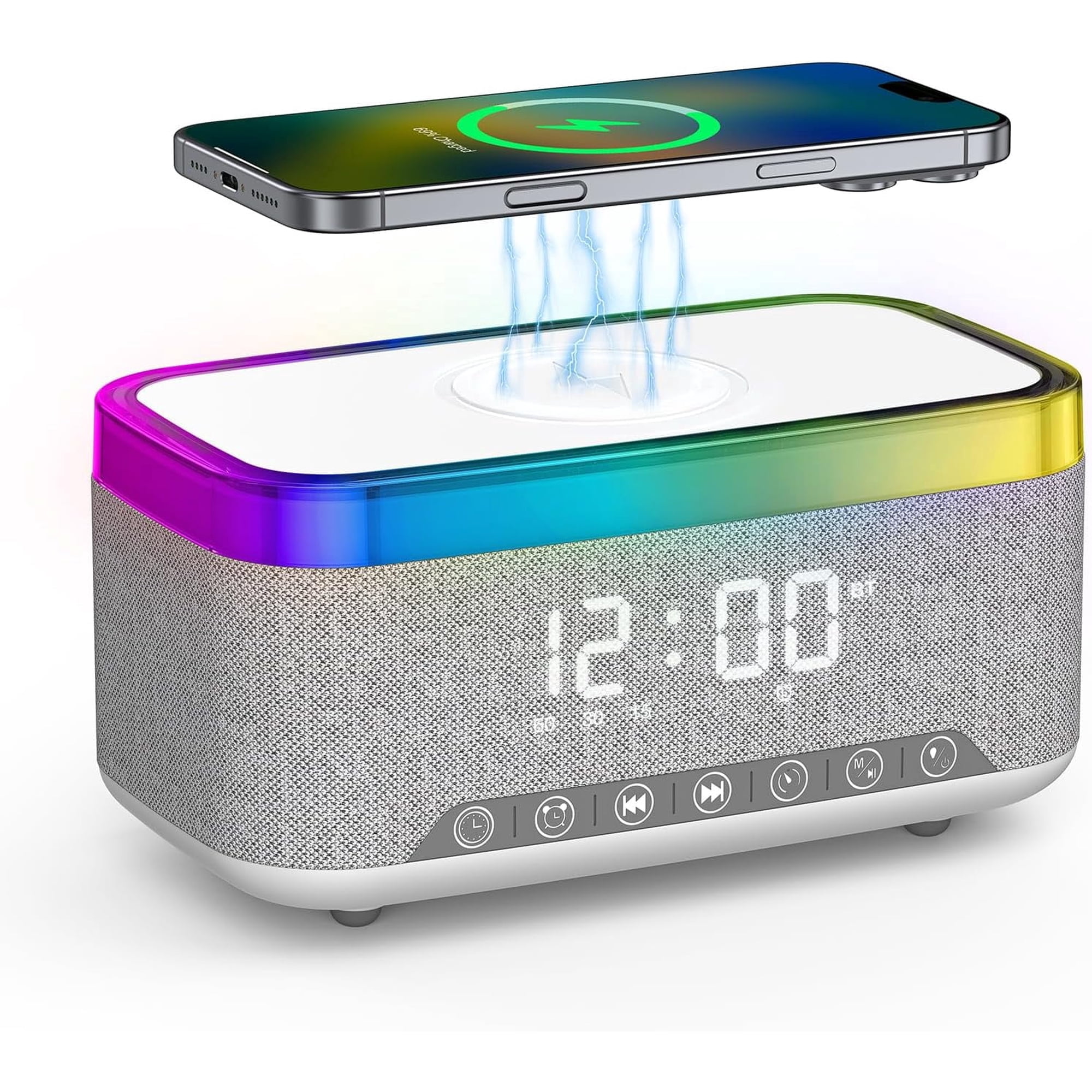 Klamerit Alarm Clock with Wireless Charging, Alarm Clocks for Bedrooms, Bluetooth Alarm Clock, RGB Night Light, White