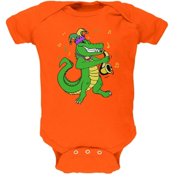 Mardi Gras Alligator Playing Saxaphone Jester Jazz Soft Baby One Piece Orange 9-12 M