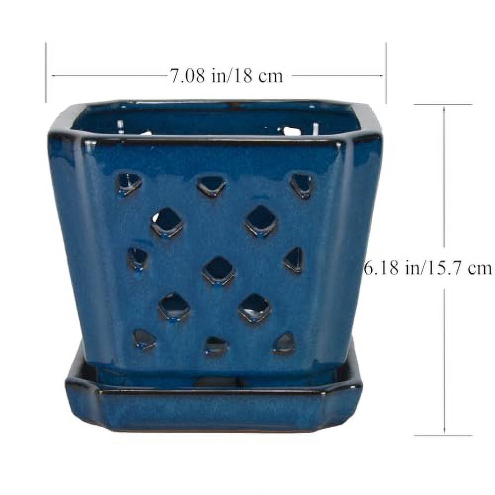 W&W Orchid Pot with Holes and Saucer for Orchid Repotting and Better Grow, Blue, 7 Inches