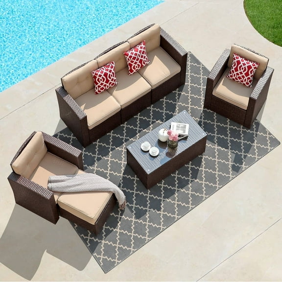 JOIVI 7 Piece Patio Furniture Set, PE Wicker Outdoor Conversation Set with Coffee Table, Patio Sectional Sofa Couch with Ottoman, Pillows, for Yard, Garden, Deck
