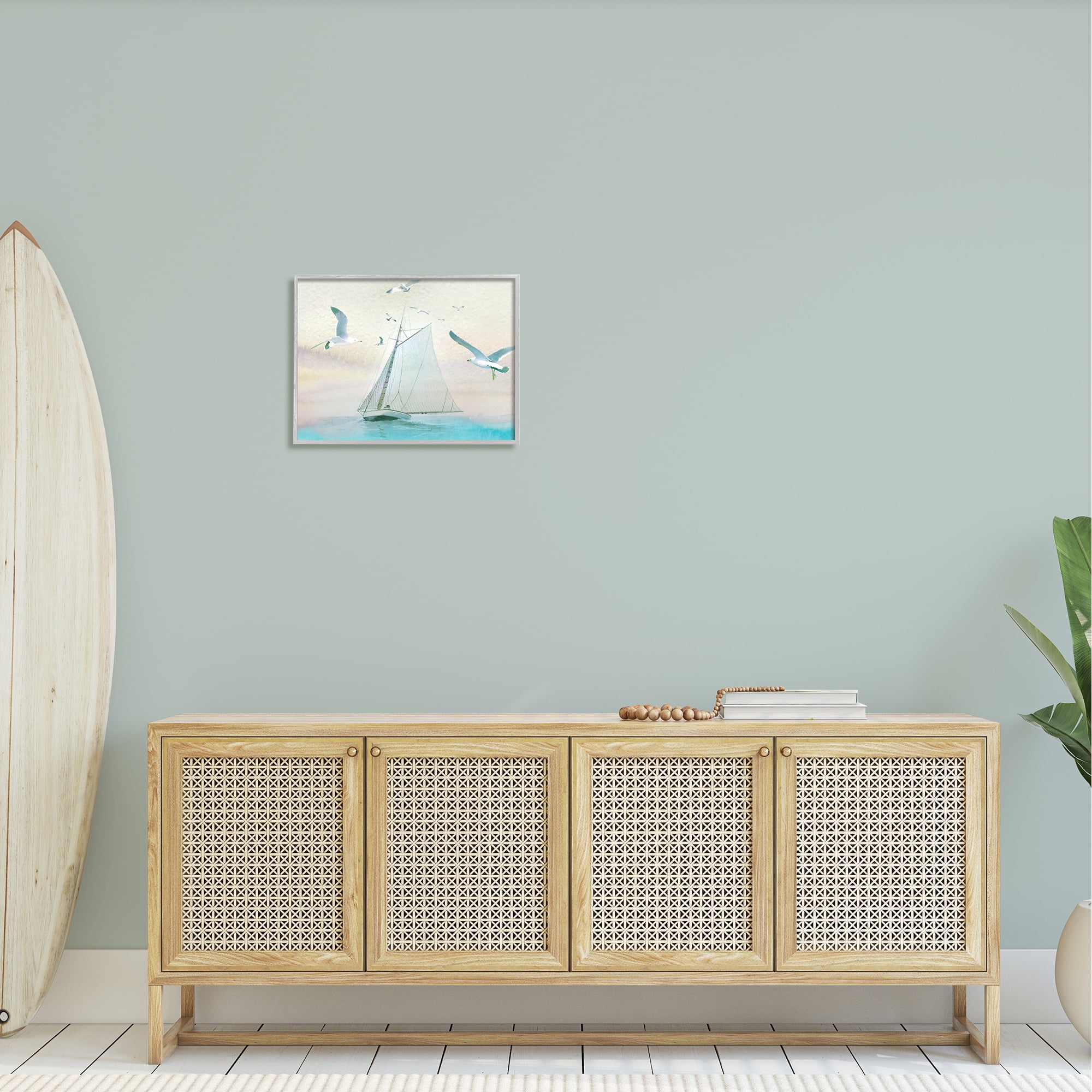 Stupell Seagulls Flying Ocean Sailboat Landscape Painting Gray Framed Art Print Wall Art