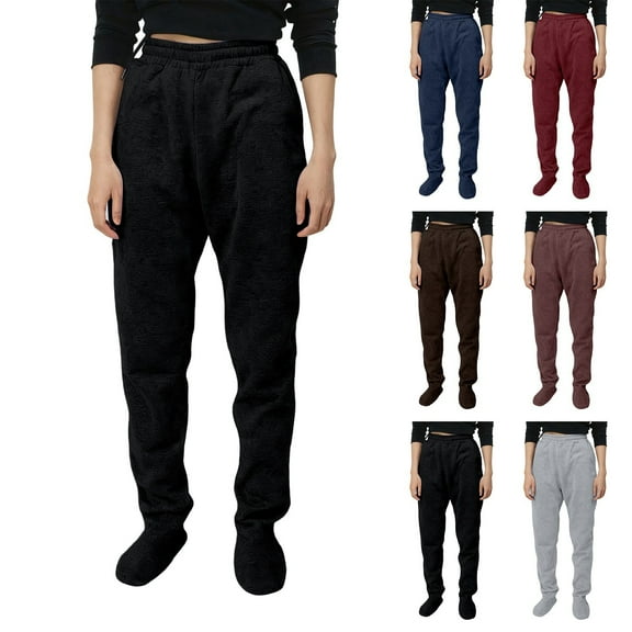 Letdown Women Footed Pants Winter Warm Footies Loungewear Bottom with Pockets Elastic Waist Thermal Pajamas Pant (Black,L)