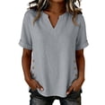 thumbnail image 3 of VBVC Women's Cotton-Linen V-Neck Blouse, Ladies' Rolled Cuff Short Sleeve Side Shirt, Button Detail Summer Tunic Top For Women,Gray,S-2XL, 3 of 7