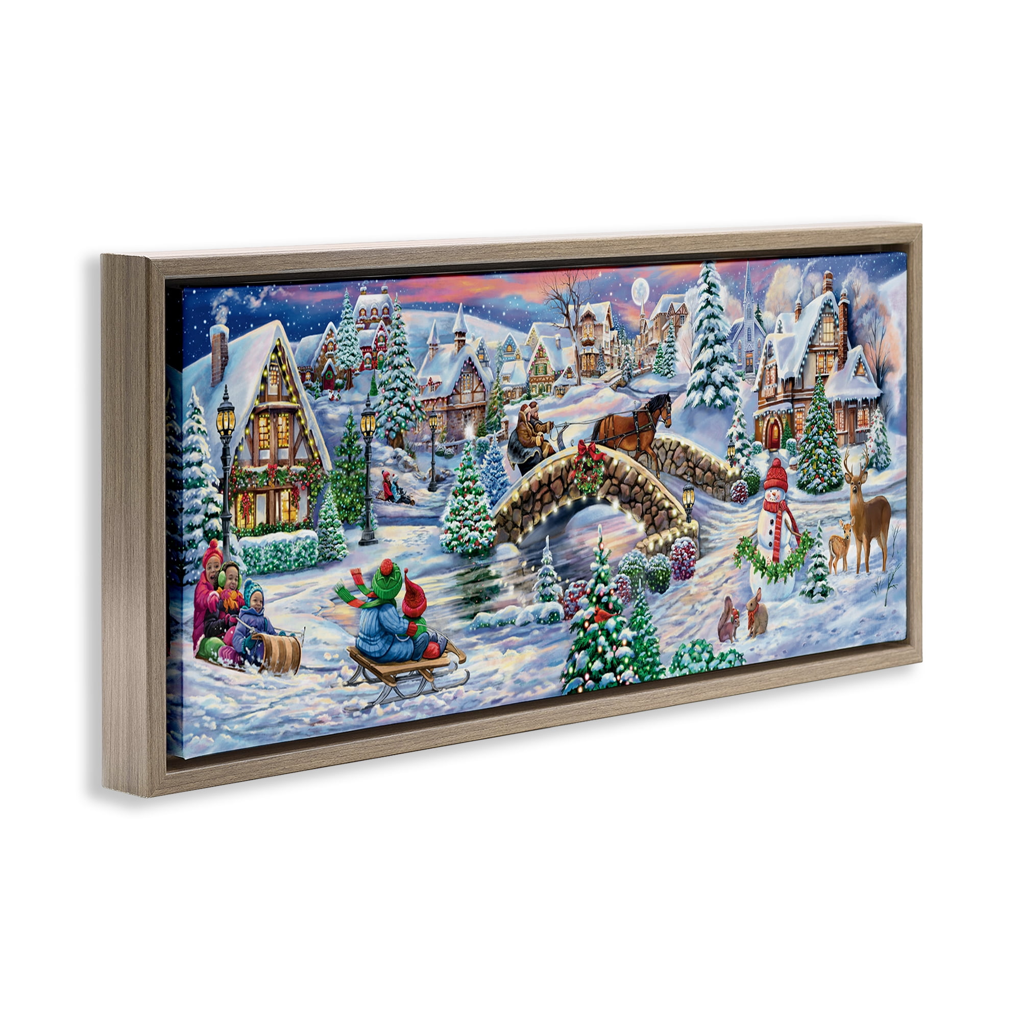 Stupell Industries Snowy Winter Townscape Holiday Painting Brown Floater Framed Canvas Art Prints Wall Art, 31 x 14