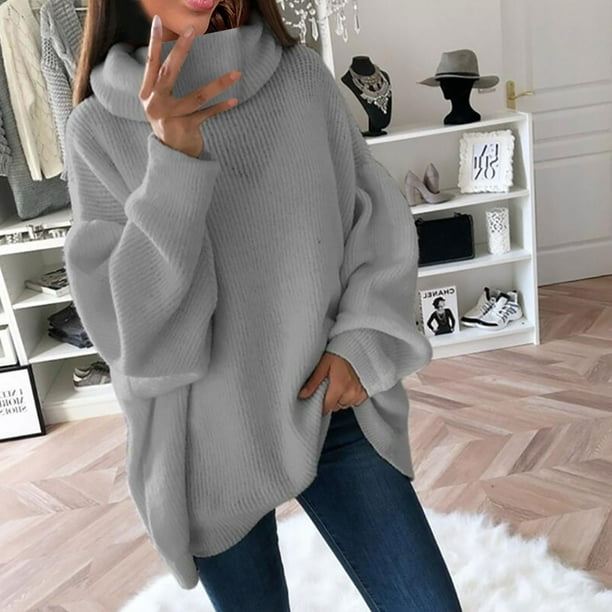 Cofouen Women's Oversized Pullover Sweater – Long Sleeve Knit Cotton Jumper, Lapel Collar, Gray, X-Large