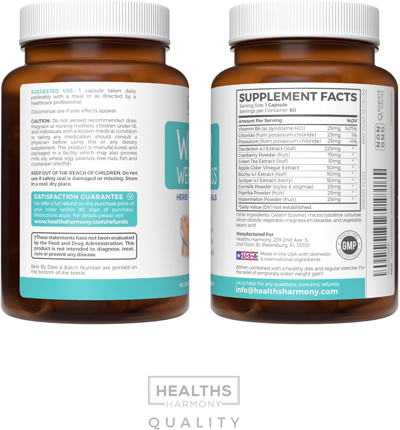 Healths Harmony Natural Water Weight Loss Pills, Diuretic Water Pills Bloating Relief, 60 Capsules
