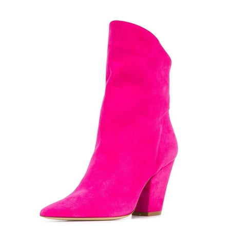 XYD Women Closed Pointed Toe Pull On Ankle Boots Chunky Stacked Heel Short Bootie Winter Warm Party Casual Shoes Size 13.5 Fuchsia