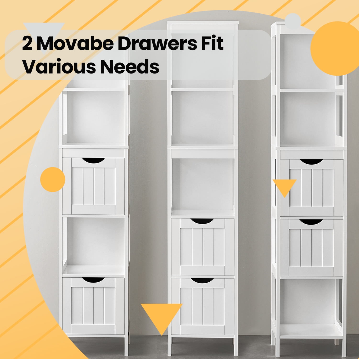 LEDREM Storage Cabinet with 2 Drawers and Open Shelf, Multifunctional Freestanding Corner Storage Rack for Bathroom, Living Room, Bedroom, White