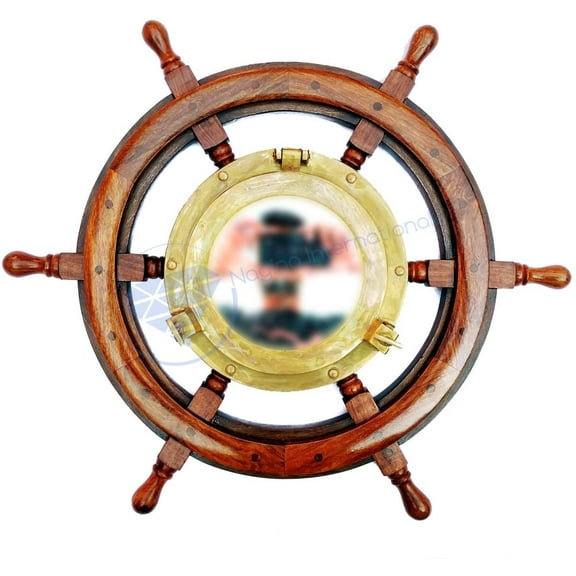 Wooden Ship Wheel - Mounted Solid Brass Antique TB Porthole Mirror - (42 Inches)