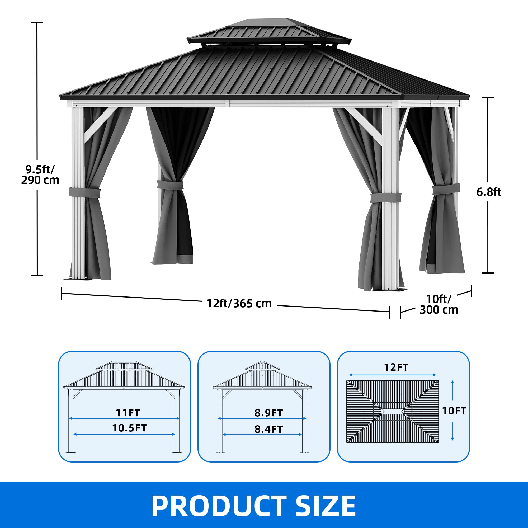 Dextrus 10' x 12'  Hardtop Gazebo with Netting & Curtains, Heavy Duty Double Roof Galvanized Steel Garden Tent for Patio, Backyard, Gray