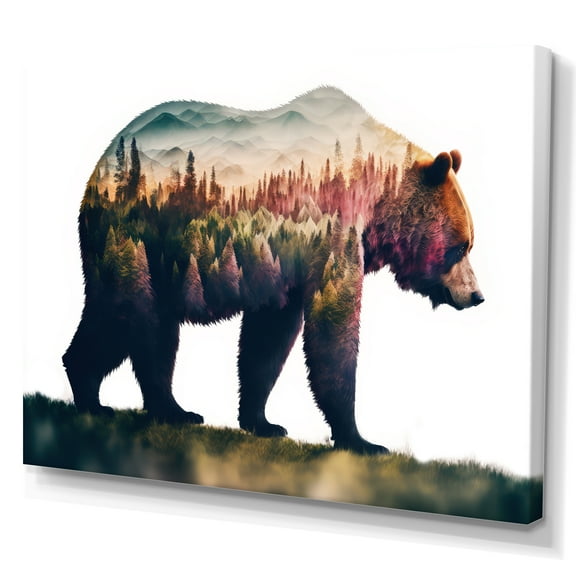 Designart Double Exposure Of A Bear With Forest IV Canvas Wall Art