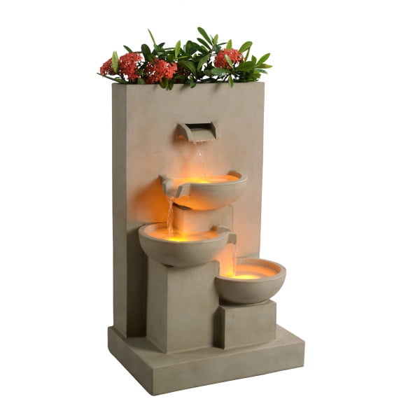 Teamson Home 29.13" Outdoor Water Fountain with Planter, LED Lights, Natural