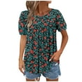 thumbnail image 2 of Women's Blouses Top Fashion Spring Floral Print Casual Shirts Summer Short Sleeve T-Shirt Pleated Non-positioned Printed Blouse Round Neck Loose Pullover Top Army Green M, 2 of 7