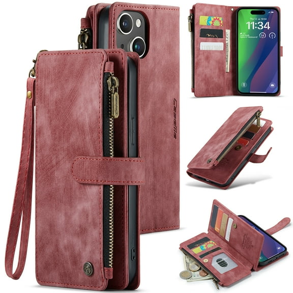 ELEHOLD for iPhone 15 Plus Case for Men Women Wallet Case, Premium Leather Shockproof Purse Case with Credit Card Slots Zipper Pocket Anti-Loss Wriststrap for iPhone 15 Plus 6.7 Inch,Red