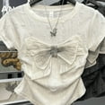 thumbnail image 2 of 2024 Summer New Women's Crew Neck Hole Spliced Bow Solid Color Chic Slim Fashion Short Sleeve Commuter All-match T-shirt Tops, 2 of 6