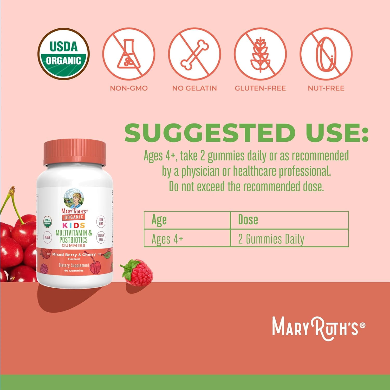 MaryRuth's Kids Multivitamin Gummies with Vitamins and Postbiotics, 60 Count