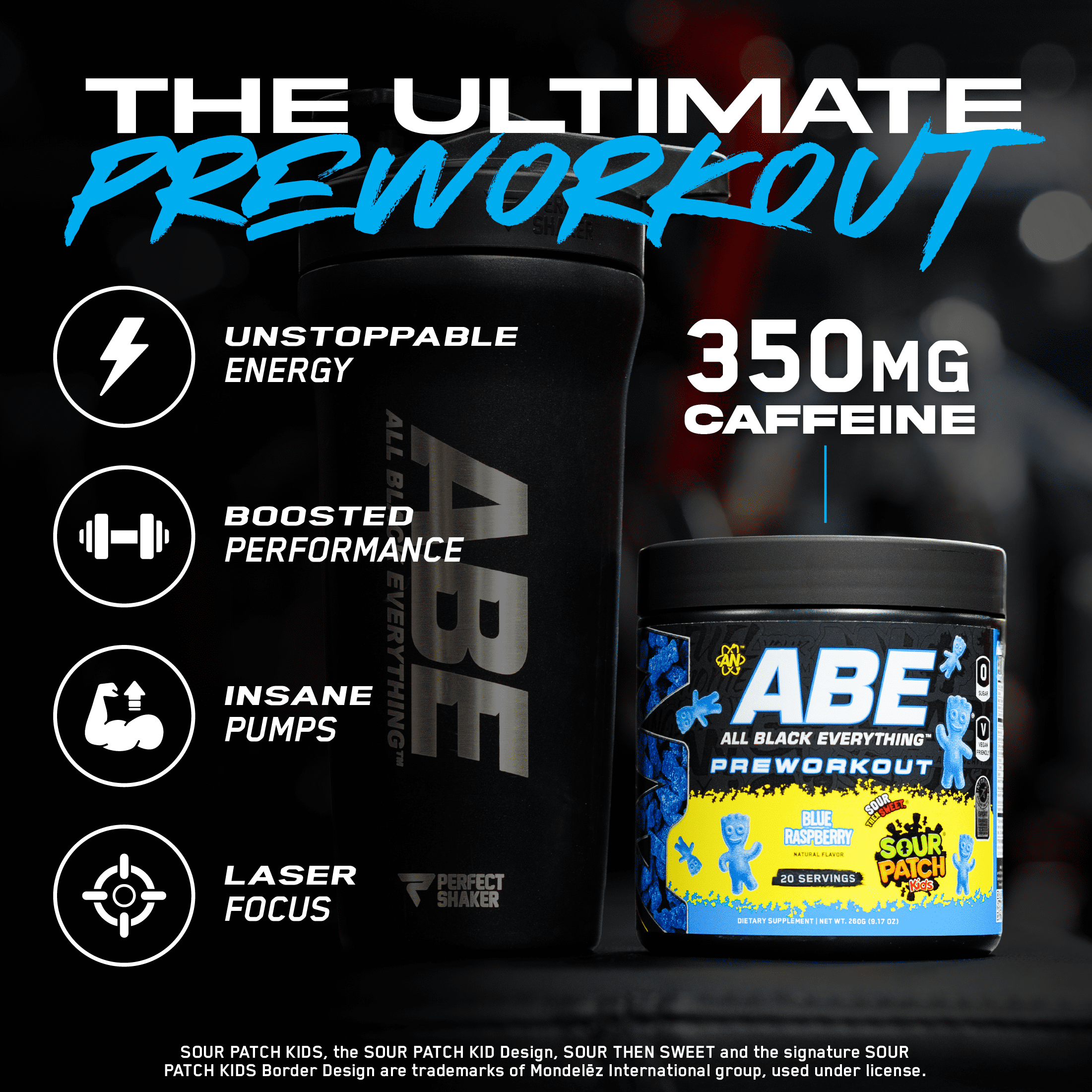 ABE Caffeine Pre Workout Powder, Sour Patch Kids Blue Raspberry Flavor, 20 Servings