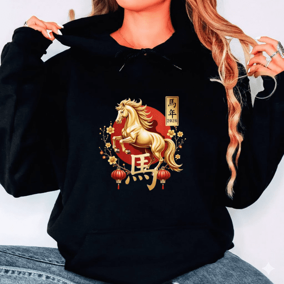 Golden Red Lunar Horse 2026 Chinese New Year Festive Zodiac Art Hoodie Shirt, up to size 5XL