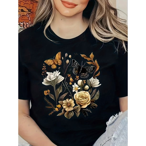 Camiseta extragrande casual de mujer con cuello redondo, manga corta y estampado de mariposas, negra, elegante y con estilo