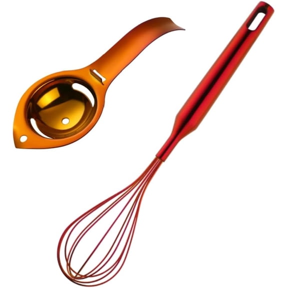 Stainless Steel Whisk & Egg Separator 2 Pcs Set, Egg Yolk Extraction Filter, For Whipping Cream, Stirring Batter, Kitchen Cooking & Baking Tools (Orange Red)