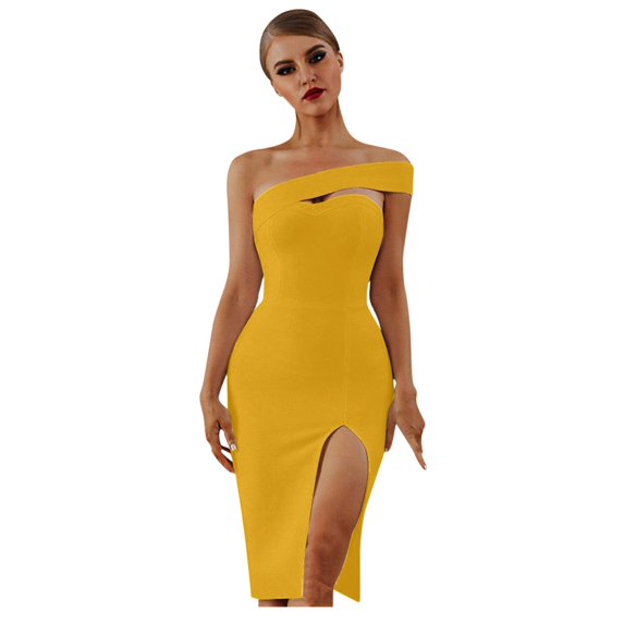 KaLI_store Formal Dresses for Women Wedding Guest Women's Elegant Sleeveless Off Shoulder Bodycon Long Formal Party Evening Dress Yellow,3XL