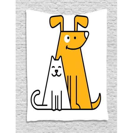 Cartoon Tapestry, Cats and Dogs Human Best Friends Forever Kids Nursery Room Art Print, Wall Hanging for Bedroom Living Room Dorm Decor, Black White and Apricot, by (Best Wall Art For Bedroom)