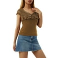 thumbnail image 3 of Qiylii Women Short Sleeve Crop Top V Neck Lace Slim Fit Shirt Vintage Fairy Grunge Summer Tee, 3 of 9