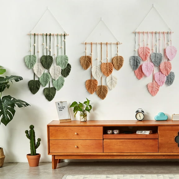 Deyuer Citystore Wall Decor Large Boho Macrame Handmade Yarn Woven Wall Art Leaf Tapestry Wall Hanging with Faux Feathers for Home Decor,Pink