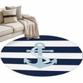 thumbnail image 2 of Navy Blue Stripe Nautical Round Rugs 4ft, Aqua Anchor Summer Coastal Non Slip Washable Rug Runner, Low Pile Indoor Floor Carpet Mat Bathroom Rugs for Living Room, Bedroom, Kids Room, 2 of 9