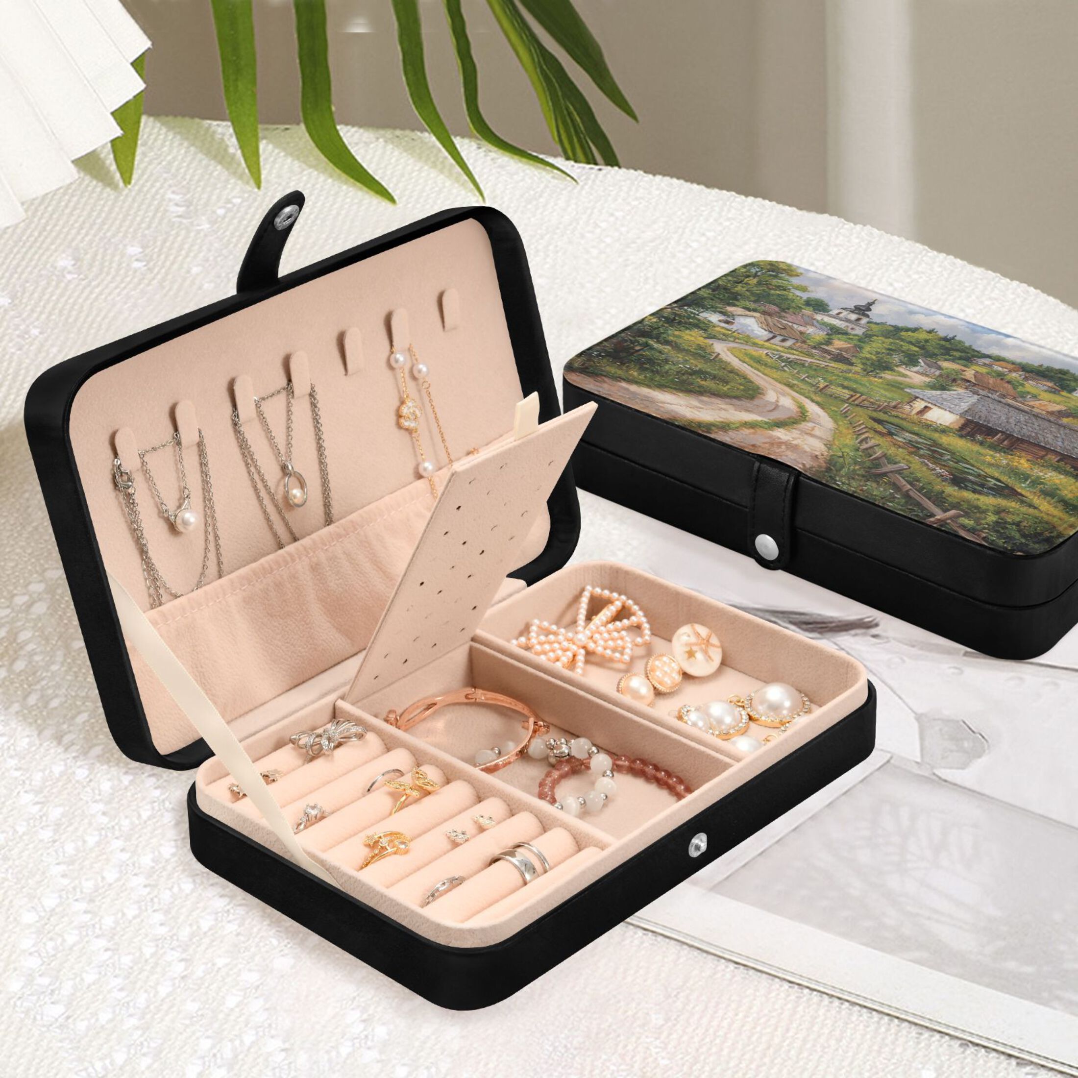 Leather Jewelry Box Rectangular 8.27x5.5x1.78In Travel Jewelry Storage Earrings Necklace Bracelet Watch Brooch Storage Cartoon Village