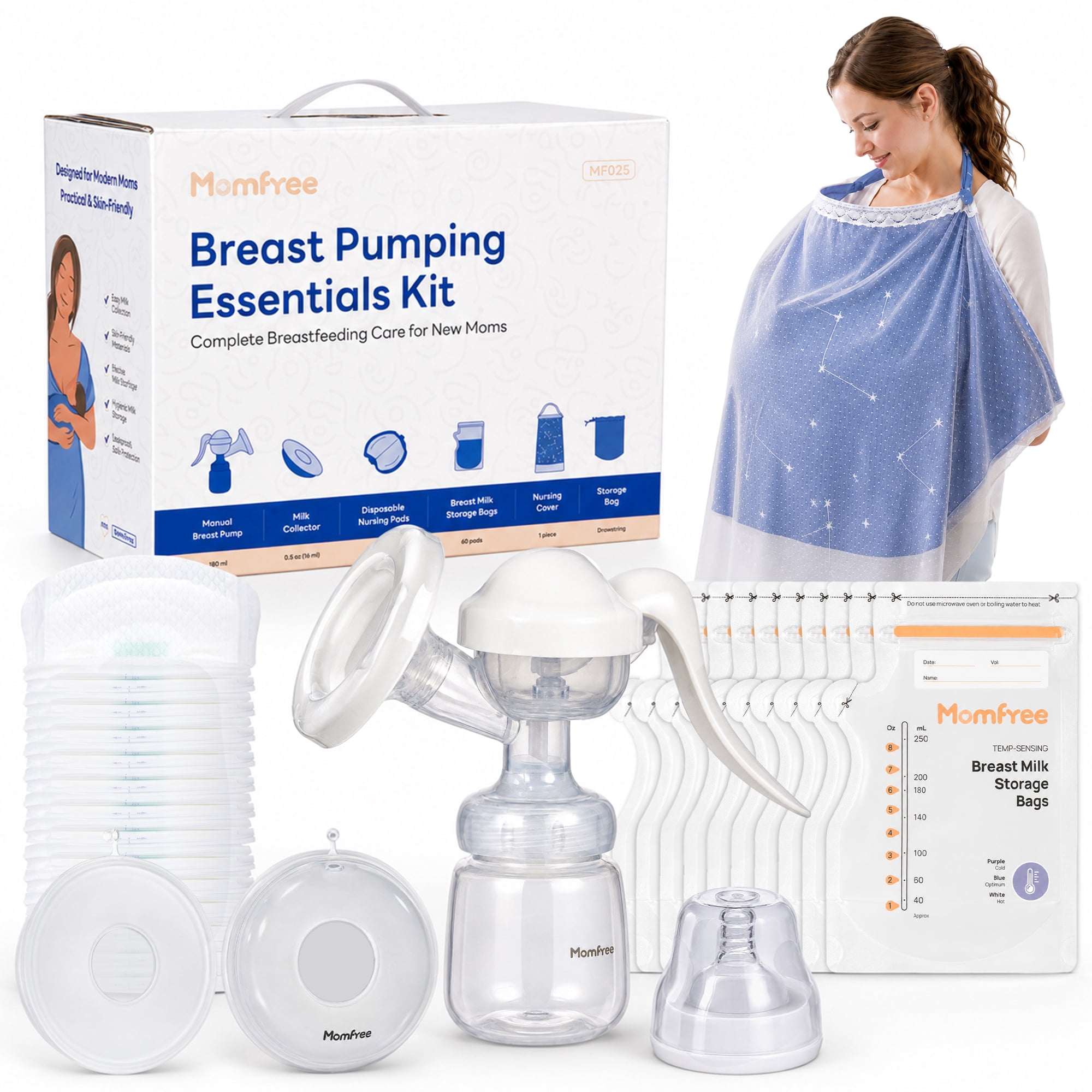 Momfree Manual Breast Pump, Breast Pumping Essentials Kit with Breastmilk Storage Bags, Nursing Pads, Breast Milk Collector, Nursing Cover & Storage Bag for At Home & On-the-Go Breastfeeding Moms