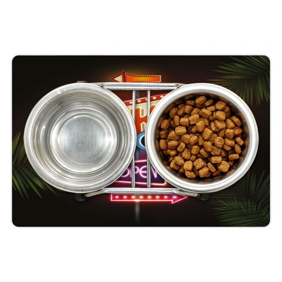 Tiki Bar Pet Mat for Food and Water, Old Fashioned Neon Signs Illustration of Open Bar Palm Tree Branches Roadside, Non-Slip Rubber Mat for Dogs and Cats, 18" X 12", by Ambesonne