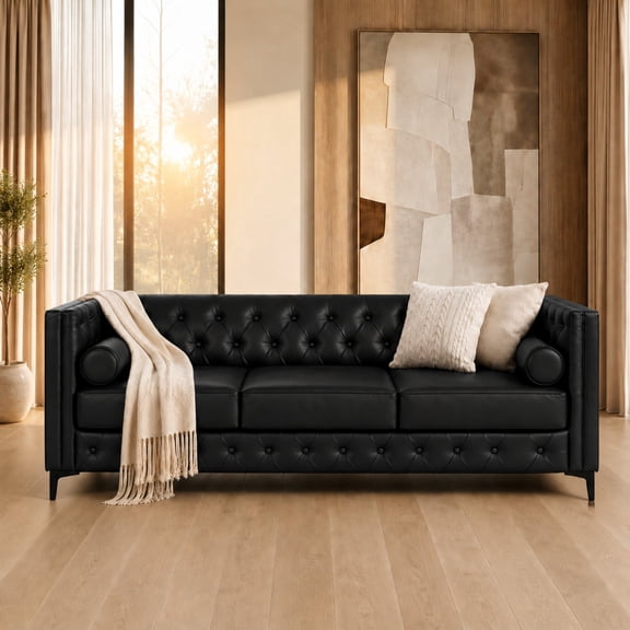 ChenyueFurn 78.5" Faux Leather 3-Seater Sofa with Gold Legs,Black
