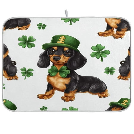 

St Patricks Pattern Of Dachshund in A Shamrock Hat Kitchen Drying Mat Heat Resistant Drainage with Non-Slip Rubber Backing Hides Stains Super Absorbent Easy to Clean 18×24in