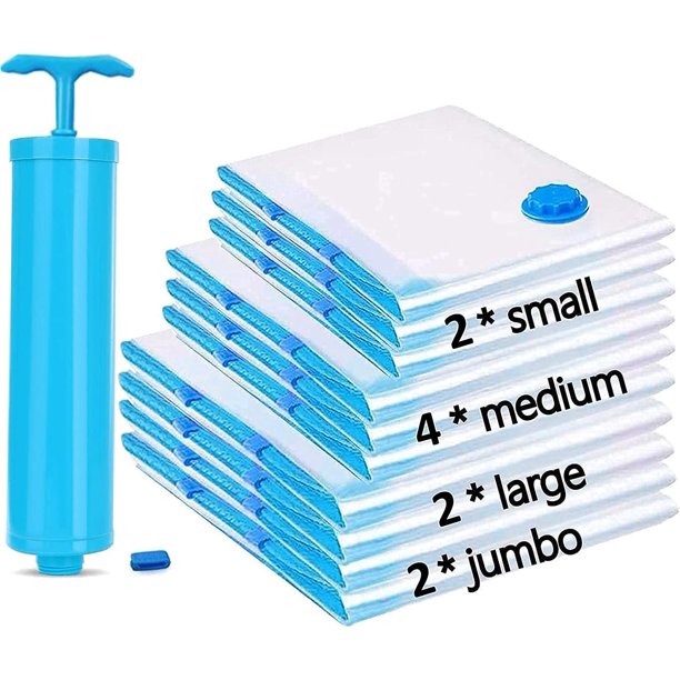 Bolsas Vacio, Bolsas de Almacenamiento de Vacío, Premium Vacuum Storage Bags Paquete de 10 + Bomba manual gratis para Viajes, Bolsas Ahorradoras de Espacio para Ropa, Almohadas y Pijamas (Blue)