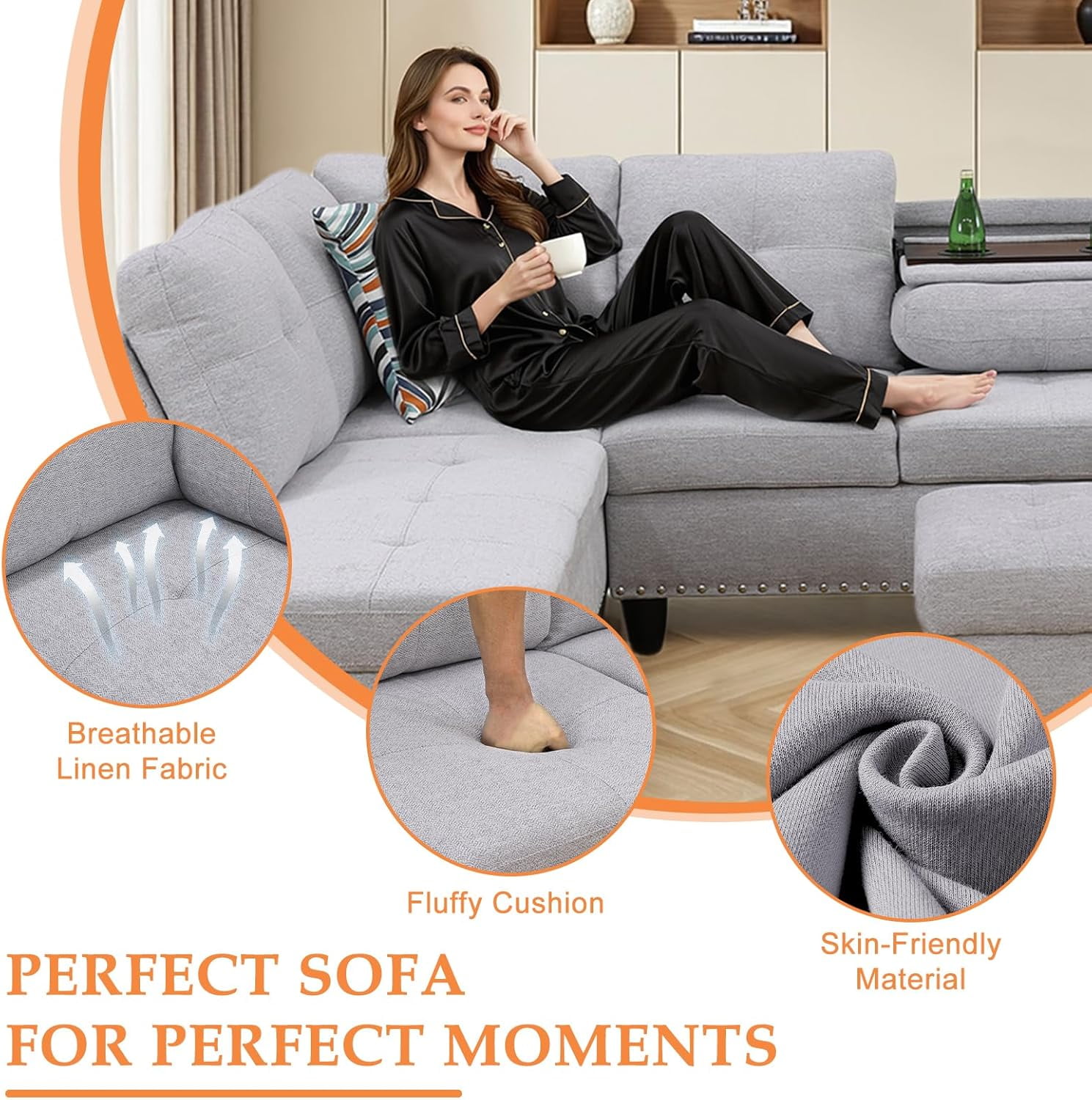 Howcool L Shaped Sectional Sofa, 4 Seater Couch with Chaise Lounge, Storage Ottoman, Cup Holders and Pillows, Modern Linen Fabric Couch for Living Room,Light Gray