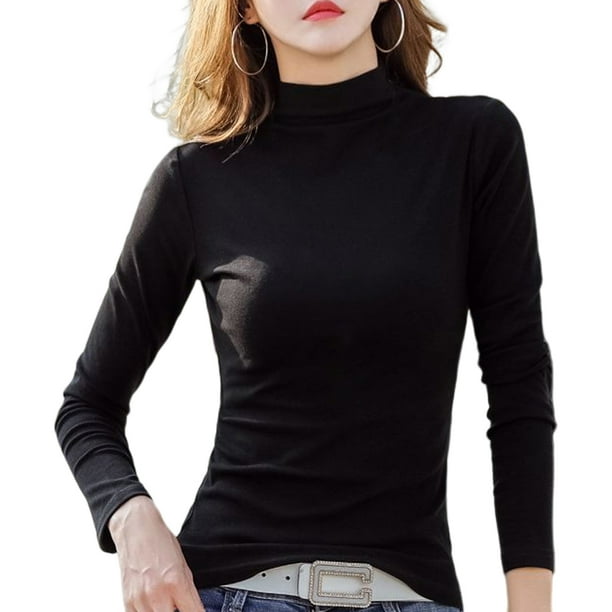 Minnieouse Camiseta para mujer, ropa interior cómoda de algodón con medio cuello y manga larga, jersey, abrigo ligero, delicado, Simple, maleable Prendas para la parte del cuerpo Negro Negro L Minnieouse AP013430-01