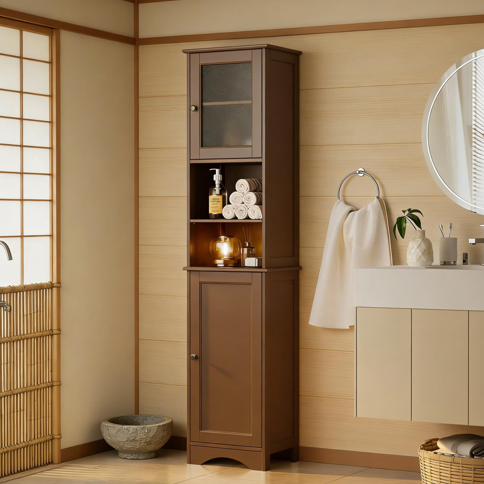 Tall Bathroom Storage Tower, 67.1" Bathroom Cabinet with Adjustable Shelves and Open Shelves for Bathroom, Living Room, Brown
