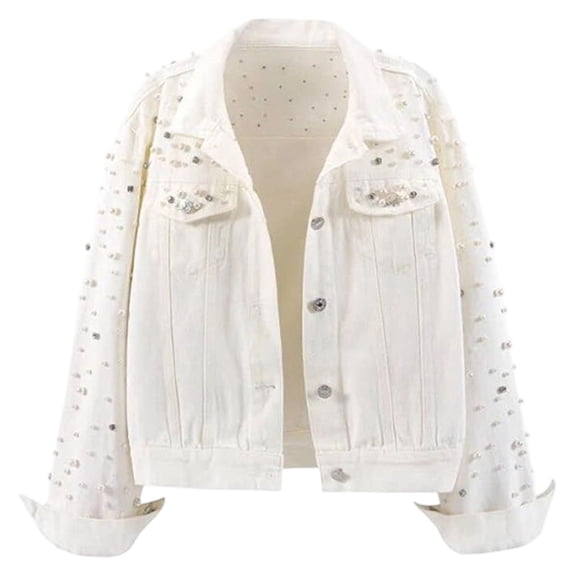 VNKIDY Women's Coat Autumn Winter Denim Jacket With Pearl Embellishments Long Sleeve Button Front Glam Edgy Style Coat For Casual Daily Streetwear Activities Trendy Outerwear