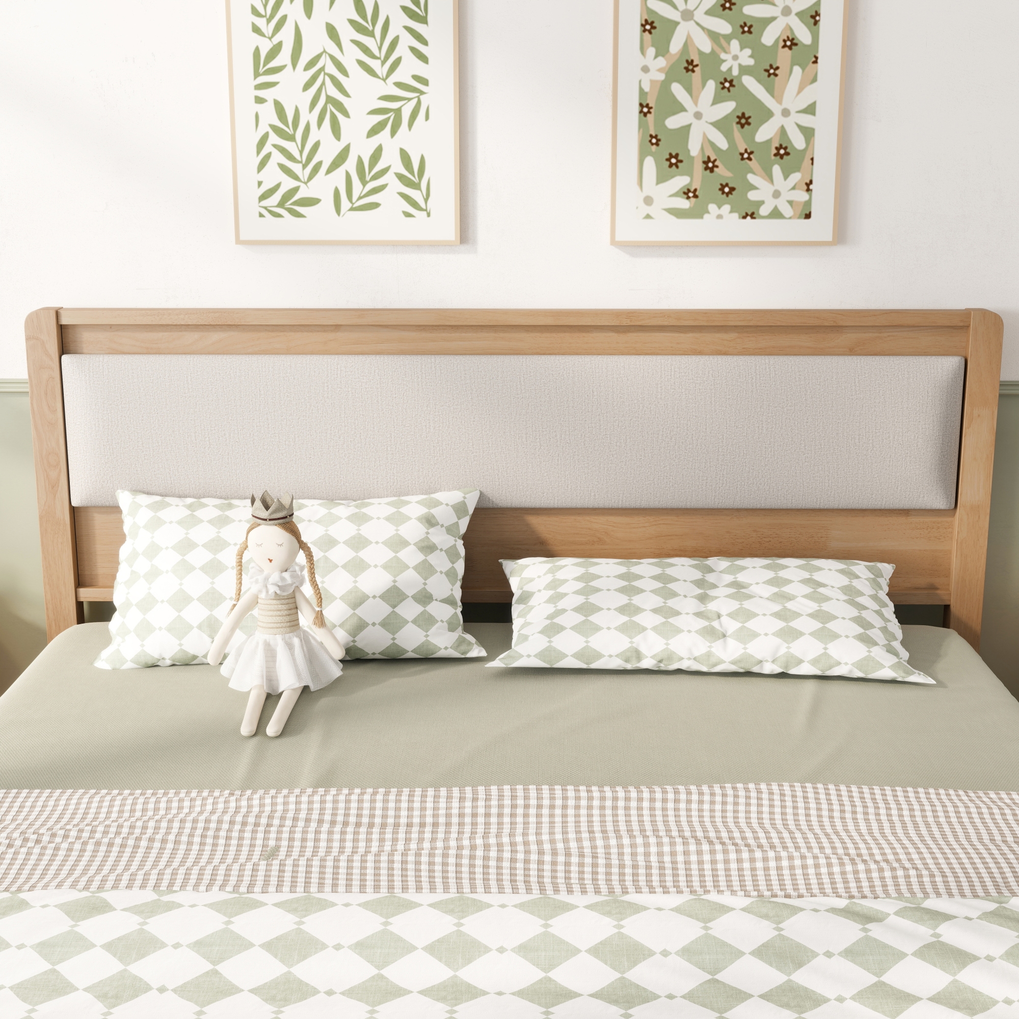 HOQBN Queen Solid Rubberwood Bed Frame with Upholstered Headboard, Reinforced Central Support Legs for Bedroom Natural