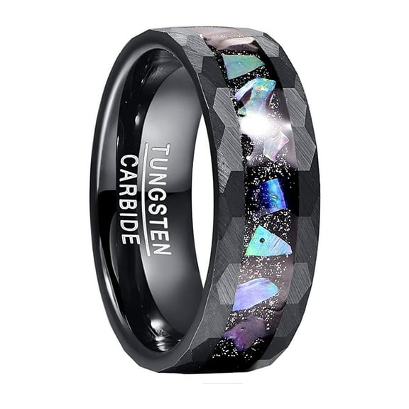 8mm Black Tungsten Rings for Men Abalone Shell Wedding Band with Faceted Edges Starry Sky Ring