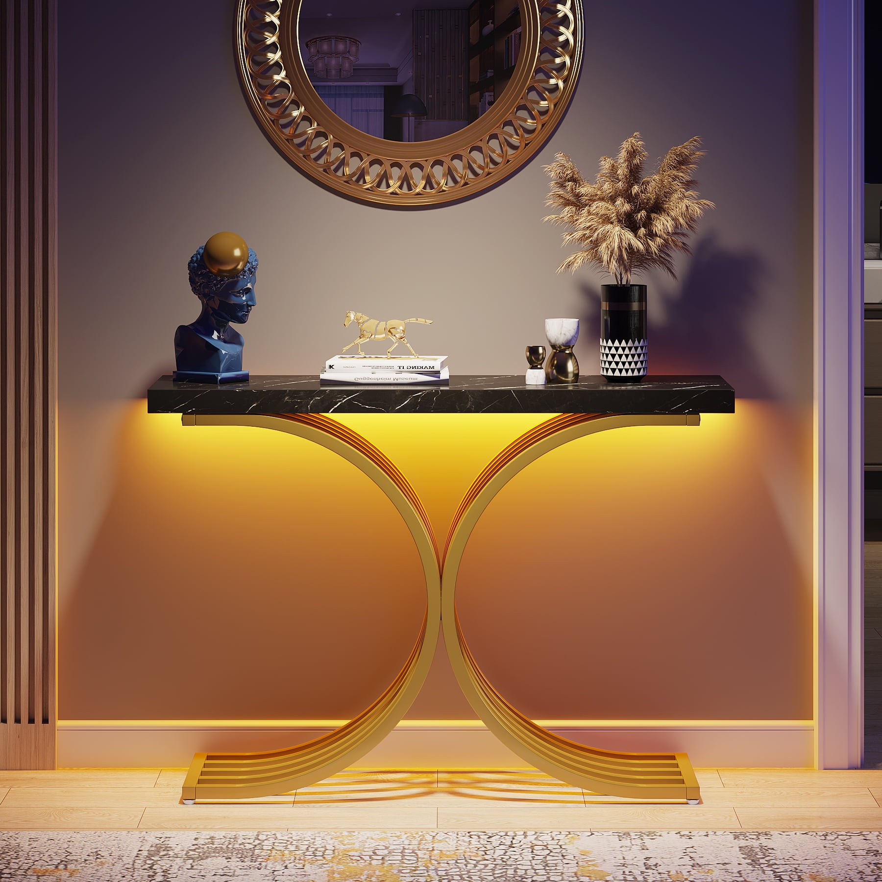 Tribesigns Gold Entryway Console Table with Led Light, Modern Foyer