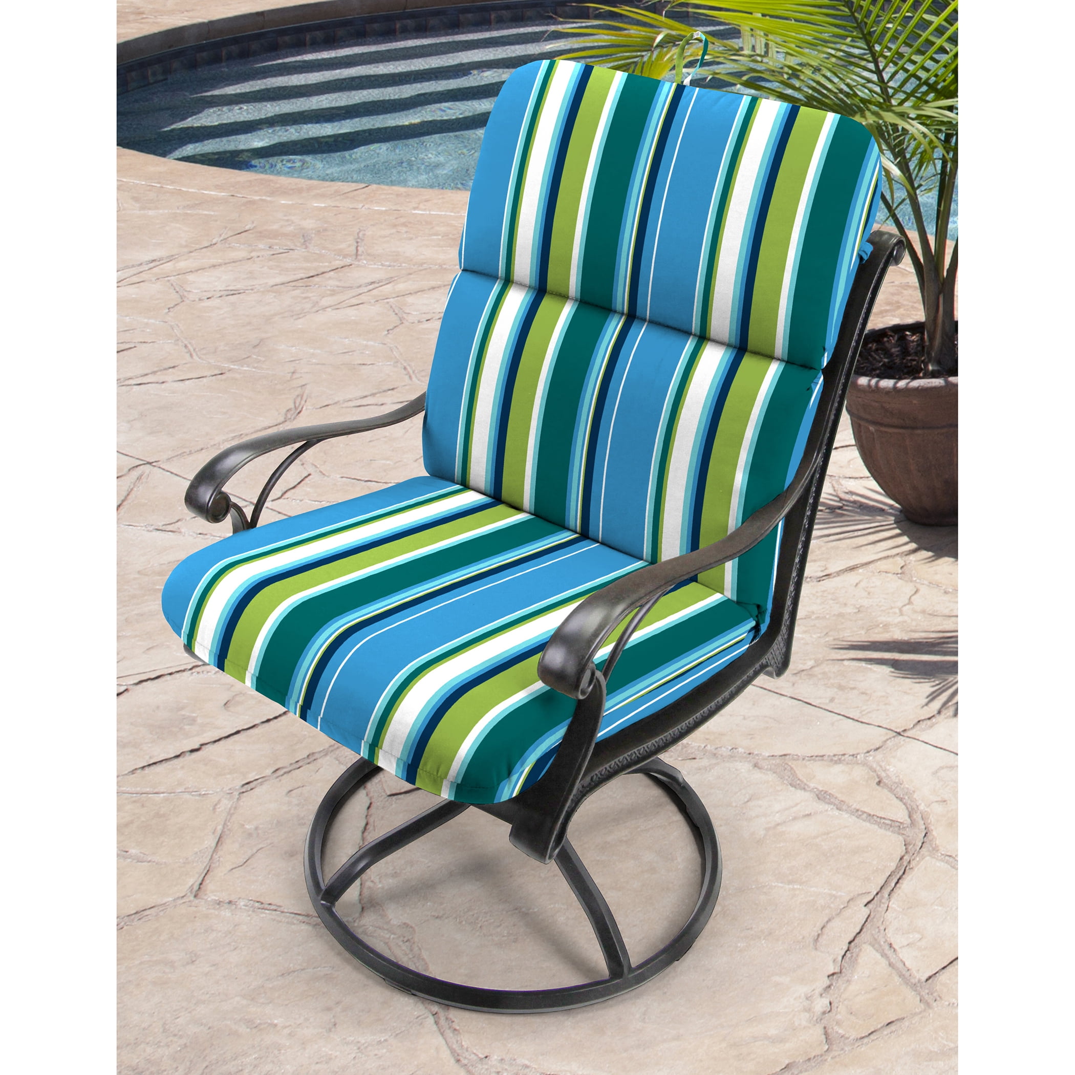 Jordan Manufacturing 45" x 22" Covert Capri Blue Stripe Rectangular Outdoor Chair Cushion with Ties and Hanger Loop